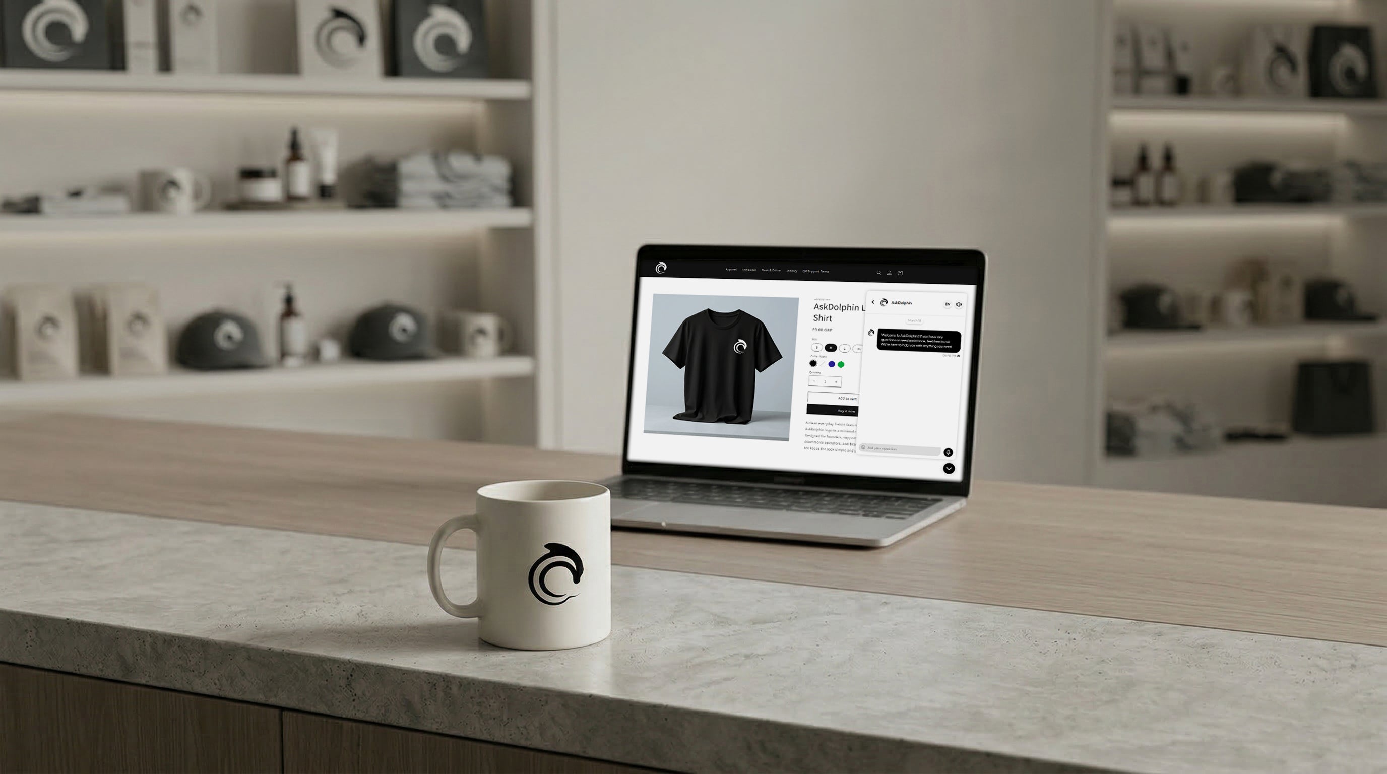 A laptop on a desk with a coffee mug displaying the AskDolphin AI live chat widget has been installed in a store and set against a blurred background of shelves.