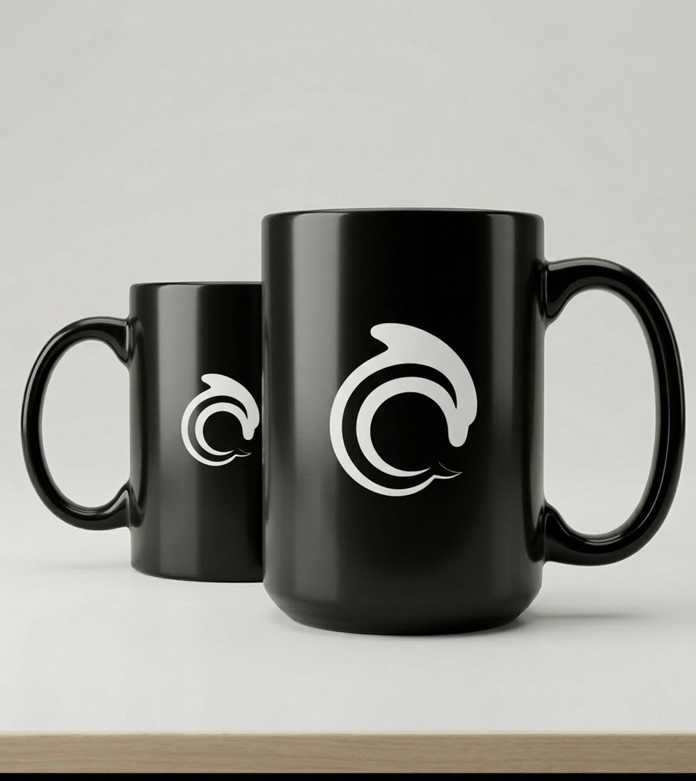 Two black mugs with a white AskDolphin logo on a light gray background