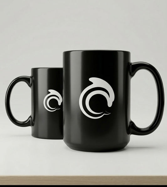 Two black mugs with a white AskDolphin logo on a light gray background