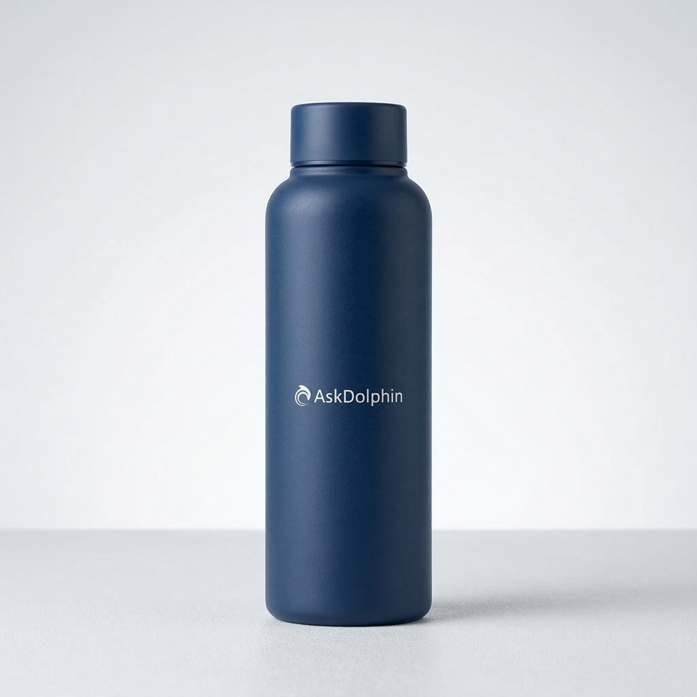 Navy blue water bottle with 'AskDolphin' logo on a white background