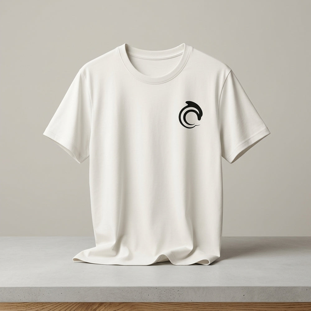 White t-shirt with a black AskDolphin logo on a light gray background