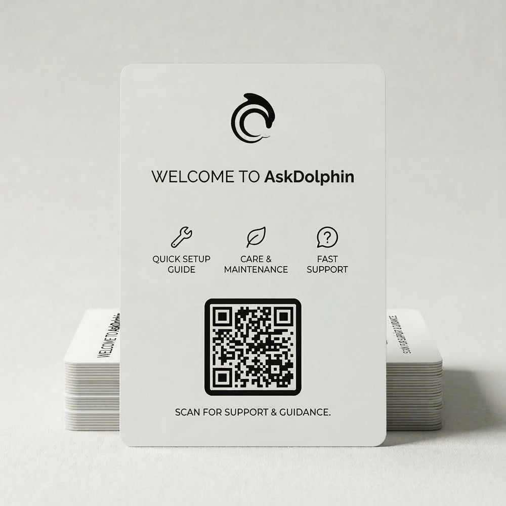 Stack of AskDolphin packaging insert cards designed for post-purchase onboarding and support guidance