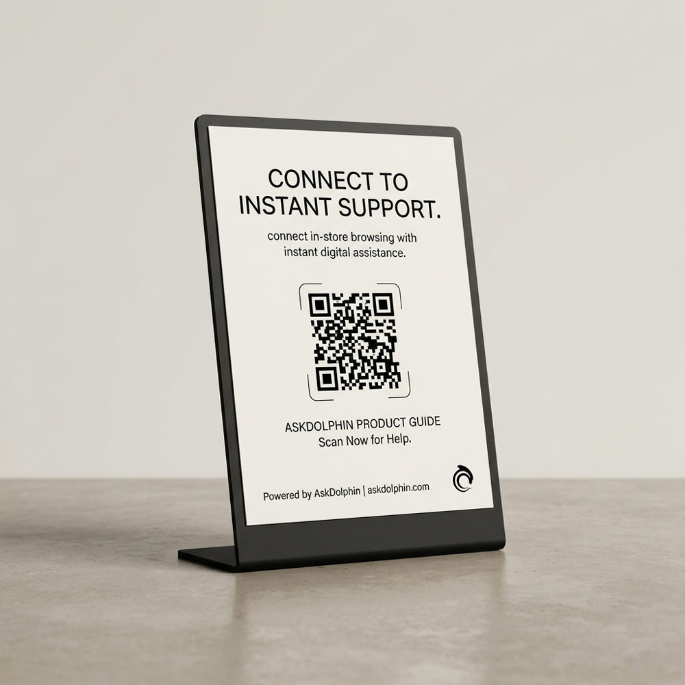 AskDolphin shelf QR sign stand for retail product support and in-store customer assistance