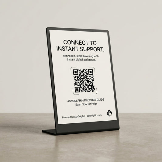 AskDolphin shelf QR sign stand for retail product support and in-store customer assistance