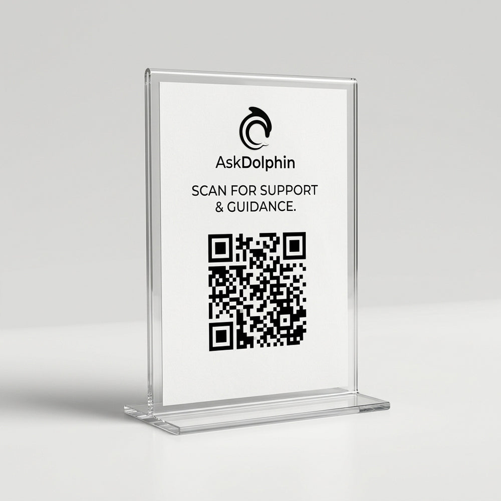 Clear plastic sign with AskDolphin logo and QR code on a gray background