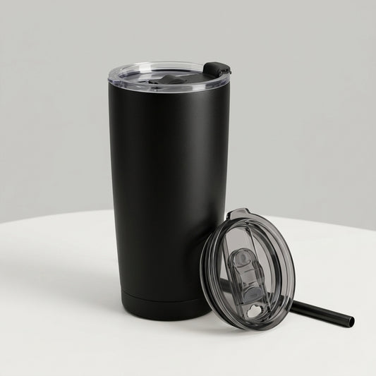 Black insulated tumbler with clear lid on a light gray background