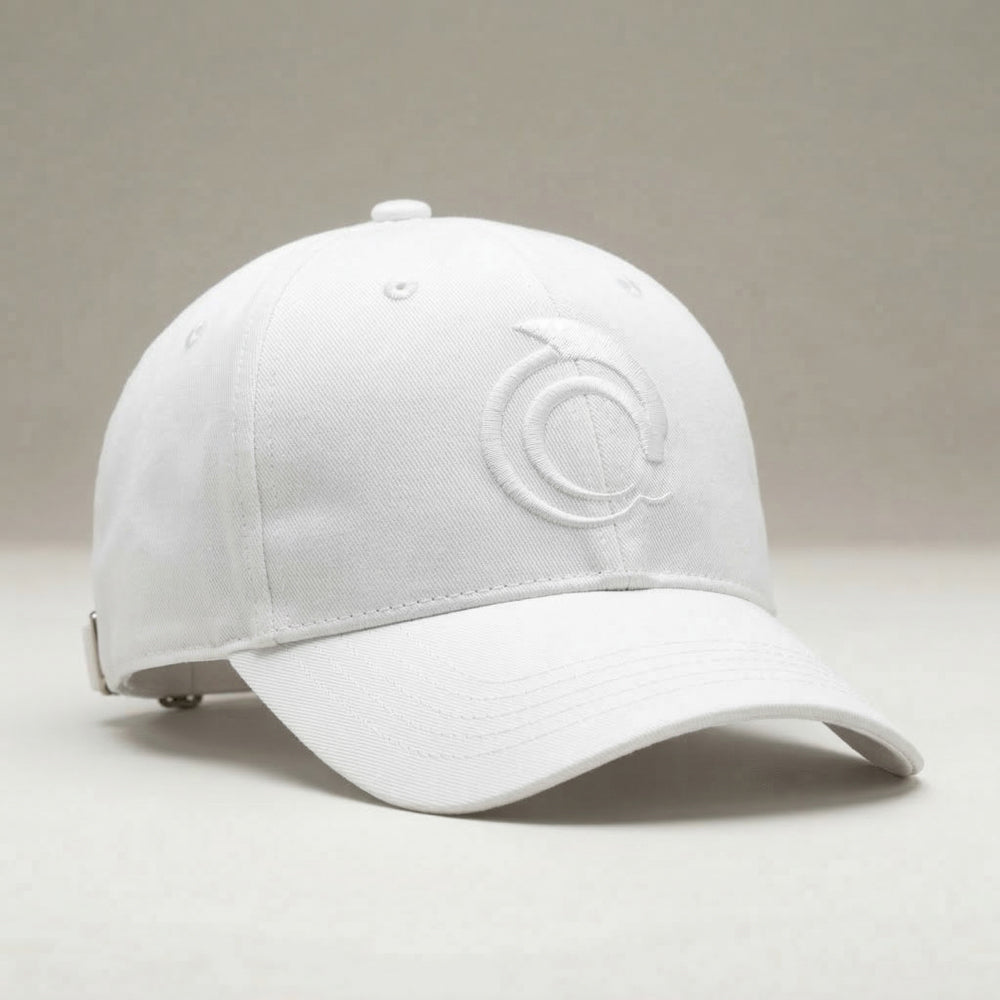 White Support cap with the AskDolphin logo on a light gray background