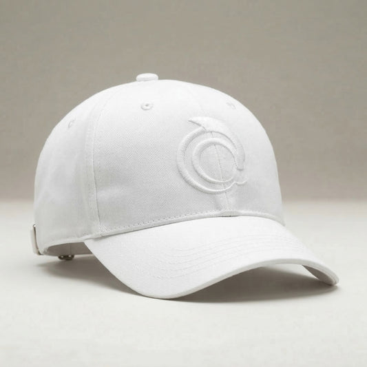 White Support cap with the AskDolphin logo on a light gray background