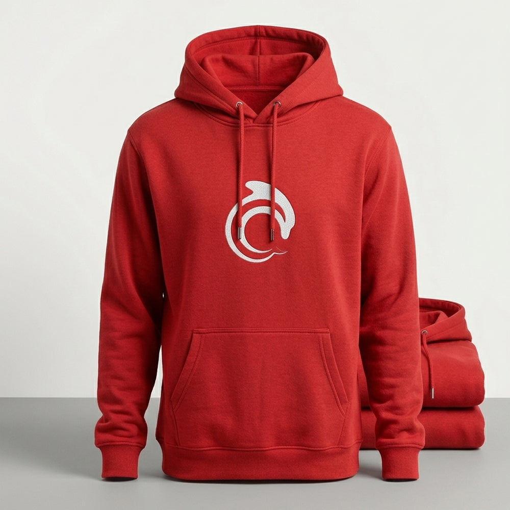 Red hoodie with a white AskDolphin logo on a light gray background