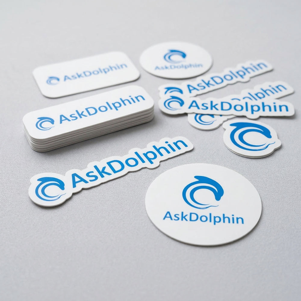 Stacks and scattered 'AskDolphin' branded stickers on a gray background